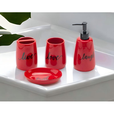 Ensemble d'accessoires de salle de bain, céramique, 4 pièces, porte-brosse à dents, distributeur de savon, gobelet à savon pour décoration et cadeau de salle de bain (rouge)