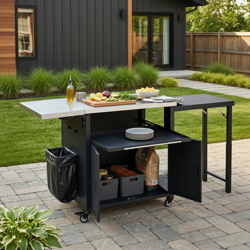 Îlot de cuisine extérieur avec support à ordures, plateau pliable et espace de rangement, Noir