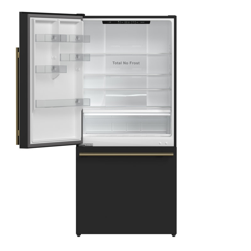 Forno 31" Milano Espresso Bottom Freezer Black, 17.2 cu.ft. Ice Maker, Antique Brass Handles, Black