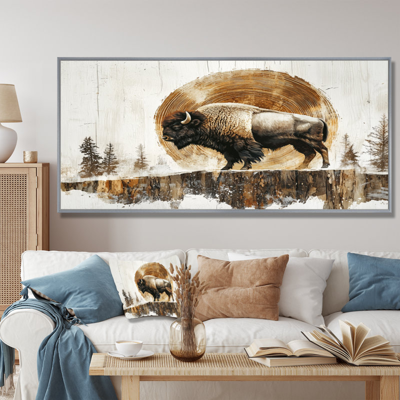 Buffle américain dans les Prairies - art mural de bison pour le salon, H 28 po x l 60 po, Cadre flottant, Argent argent
