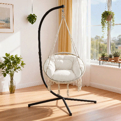 Macrame Hanging Hammock Chair, 1 Person Cotton Rope Swing Chair with Cushion and Hardware Kit for Indoor Outdoor