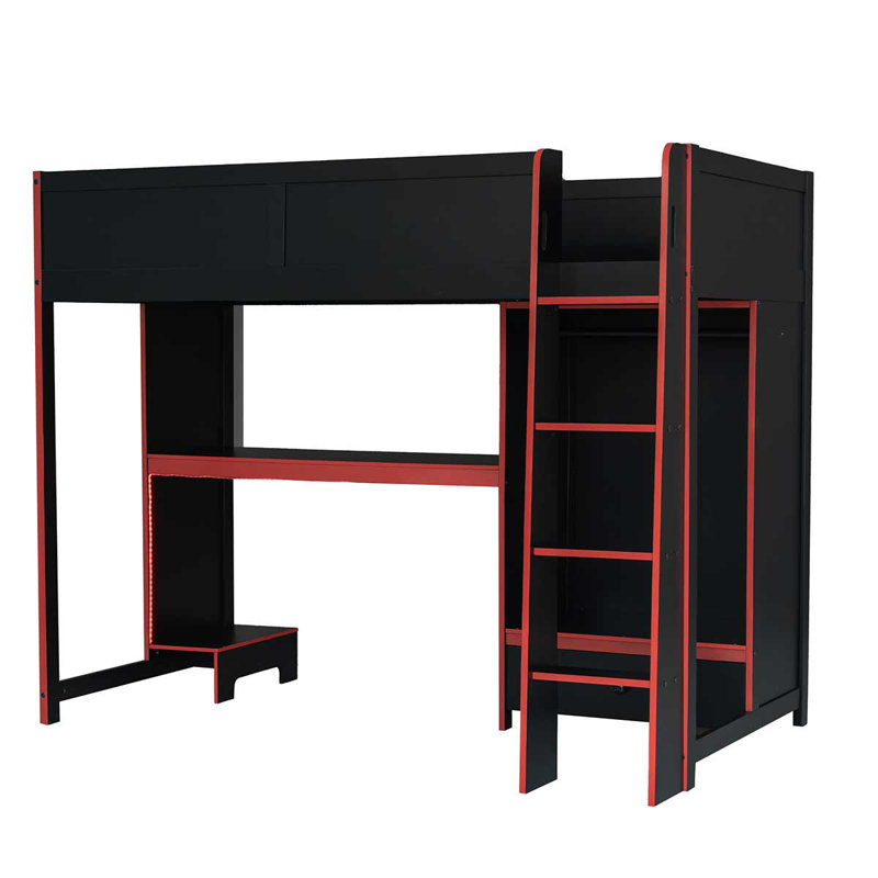 Wood Gaming Loft Bed With Built-In Desk, Wardrobe And LED For Teen And Adults, Twin