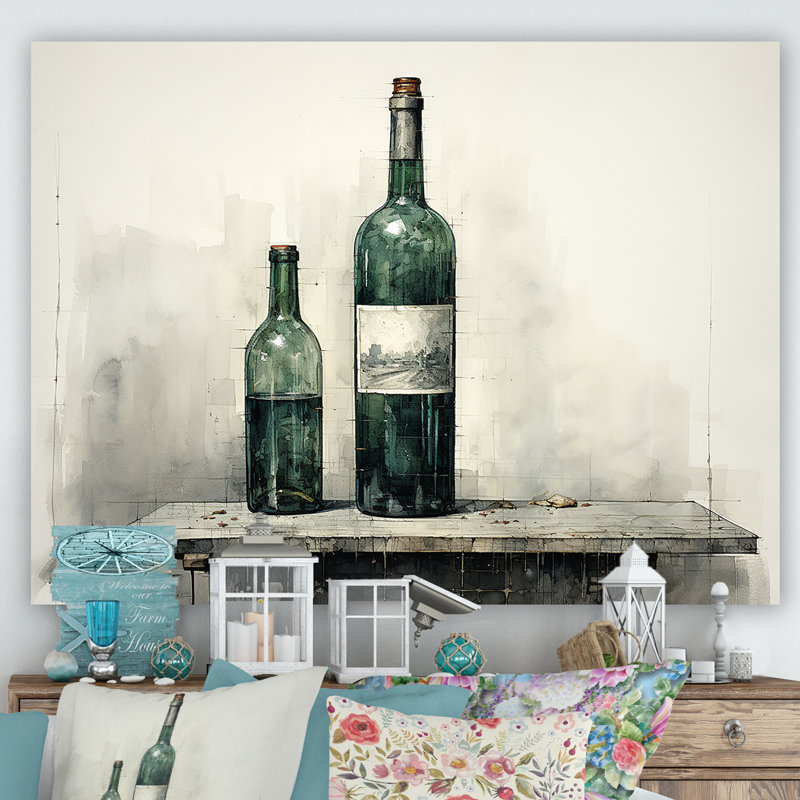 Vert minimaliste bouteilles de vin Silhouette II - art mural vin, H 24 po x l 32 po x P 1 po, Toile tendue