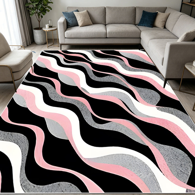 1PC pink black light grey off-white wavy stripe abstract retro area rugs for Living Room, Soft and Comfortable, Suitable for all seasons, easy-to-maintain, machine washable Indoor floor mat, Under Table Farmhouse suitable for dining room, bedroom,