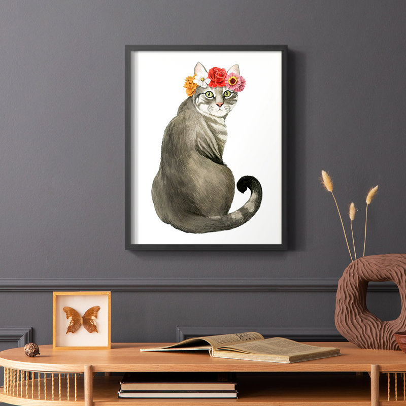 «Flower Crown Cats I», reproduction encadrée - bois massif, Cadre simple noir, H 28 po x l 22 po
