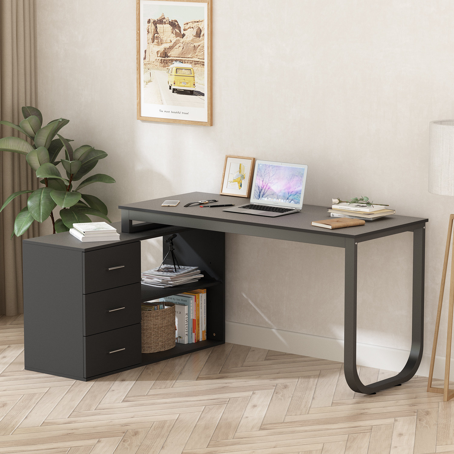 360 Swivel Multi functional Desk with Storage Drawers and Open Shelving Latitude Run Color Top Frame Black