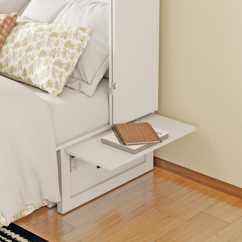 Grand lit escamotable blanc avec tiroirs cachés et ports USB - Lit armoire de rangement (matelas non inclus), Blanc