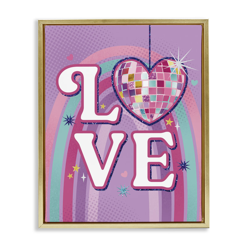 Cadre flottant Love Love Disco Heart, par Courtney Morgenstern, H 21 po x l 17 po, Cadre flottant métallique doré
