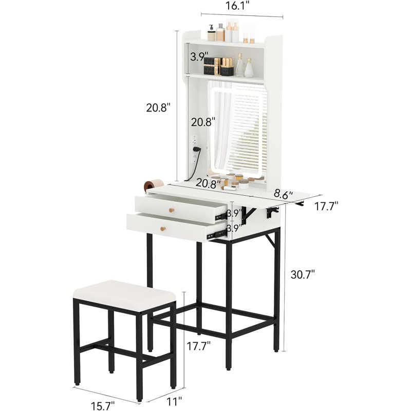 Vanity Desk with LED Mirror and Lights, 3 Adjustable Color Makeup Vanity with Power Strip, Dressing Table Set with 2 Large Drawers, 1 Shelves and Chair for Bedroom