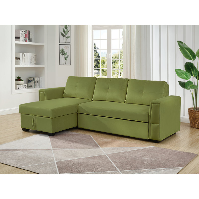 Blatnice 91" Wide Velvet Reversible Sleeper Sofa & Chaise with Storage, Green Velvet, Left Hand Facing/Right Hand Facing