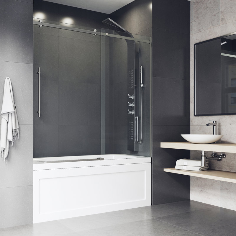 Luca 56-60" W x 58" H Sliding Frameless Tub Door with 3/8" Clear Glass, Stainless Steel