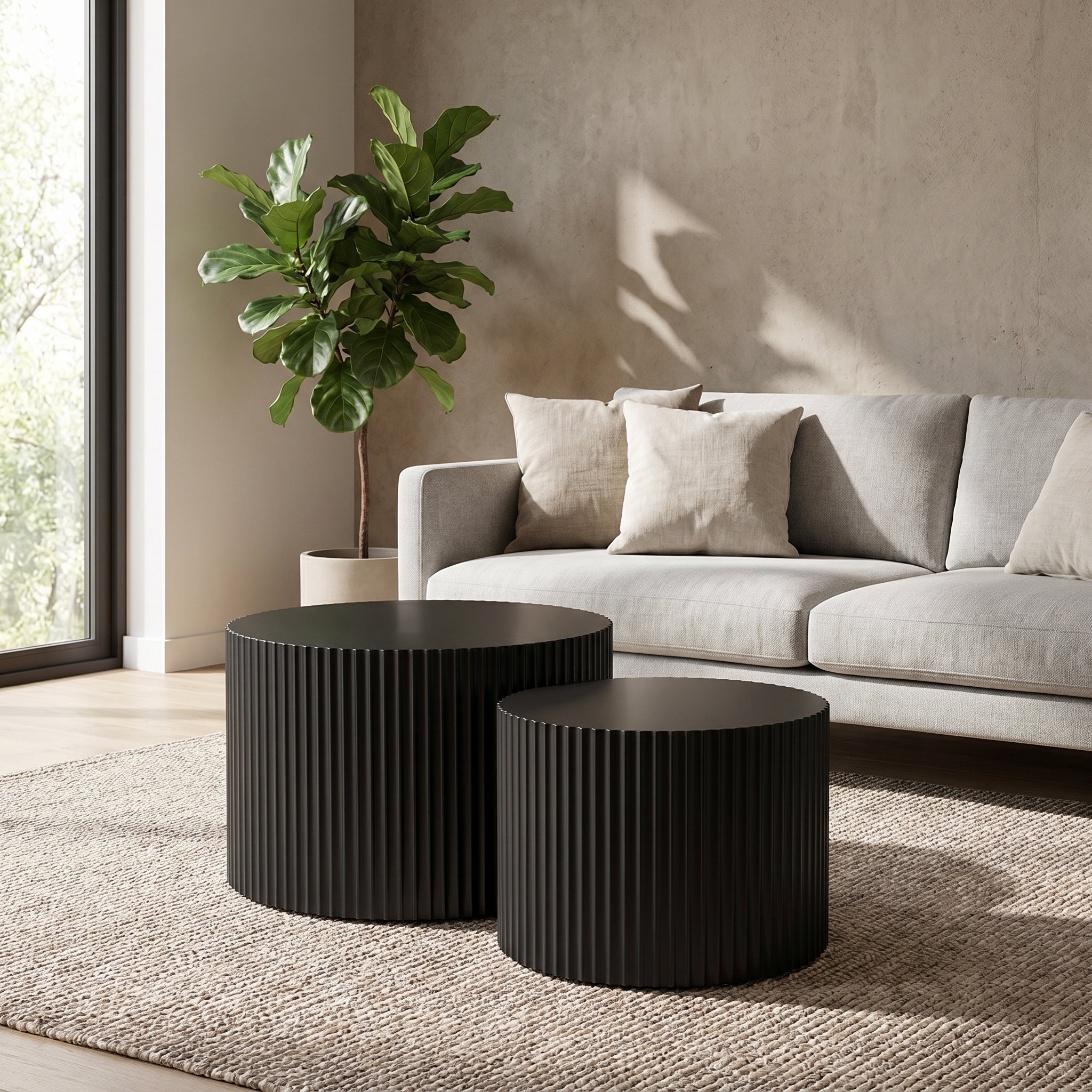 Latitude Run® Nesting Coffee Tables Set Of 2, Black Round Modern Fluted ...