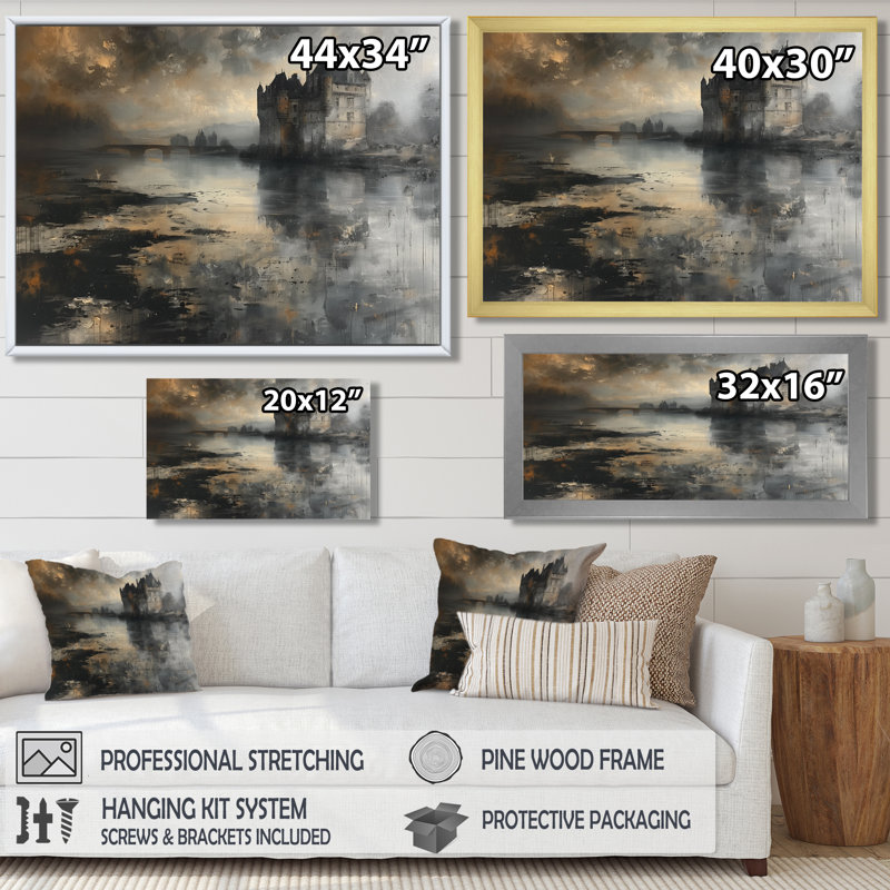Impression sur toile grise noire et rustique au bord du lac I - Châteaux, Toile encadrée noire simple