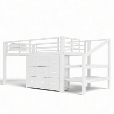 Low Loft Bed with Multi-Storage Spaces, Including Fabric Drawers, Fabric Shelves Beside the Bed, Storage Stairs, Metal Loft Bed with Lights and Ample