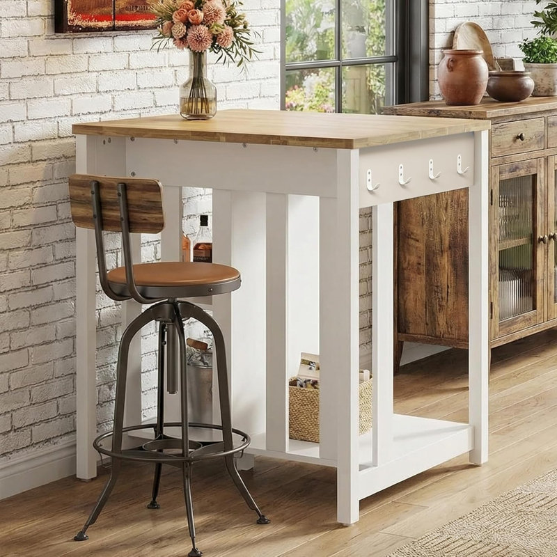 35.4”W White Farmhouse Kitchen Island with Fridge Space and Outlets, 35.4"W