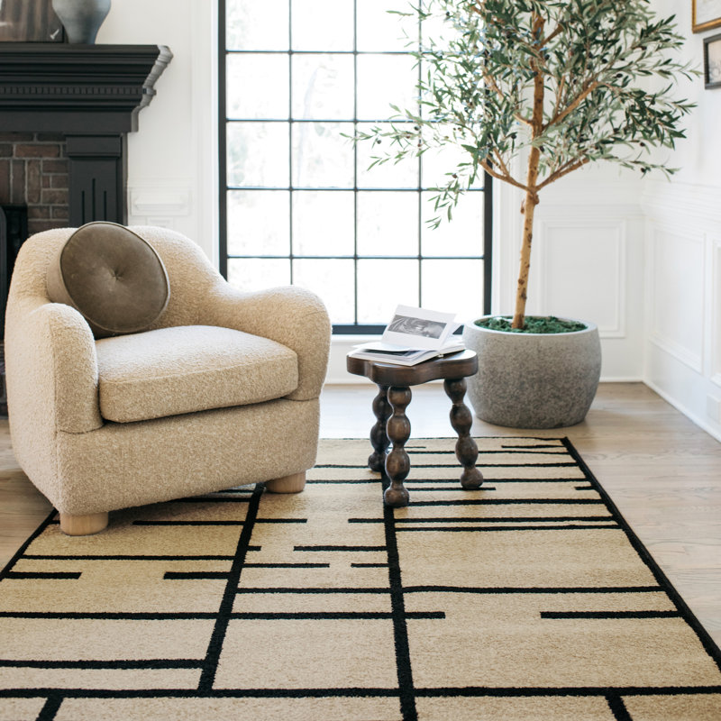 Hennings Geo Blocks and Line Beige/ Black Area Rug, Rectangle 5'3" x 7'