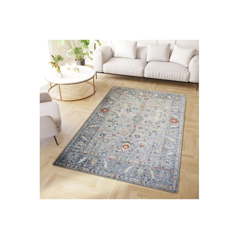 Tapis lavable décoratif à motif floral et motif traditionnel bleu et gris, Tapis de couloir 2 pi 6 po x 6 pi 7 po inclus