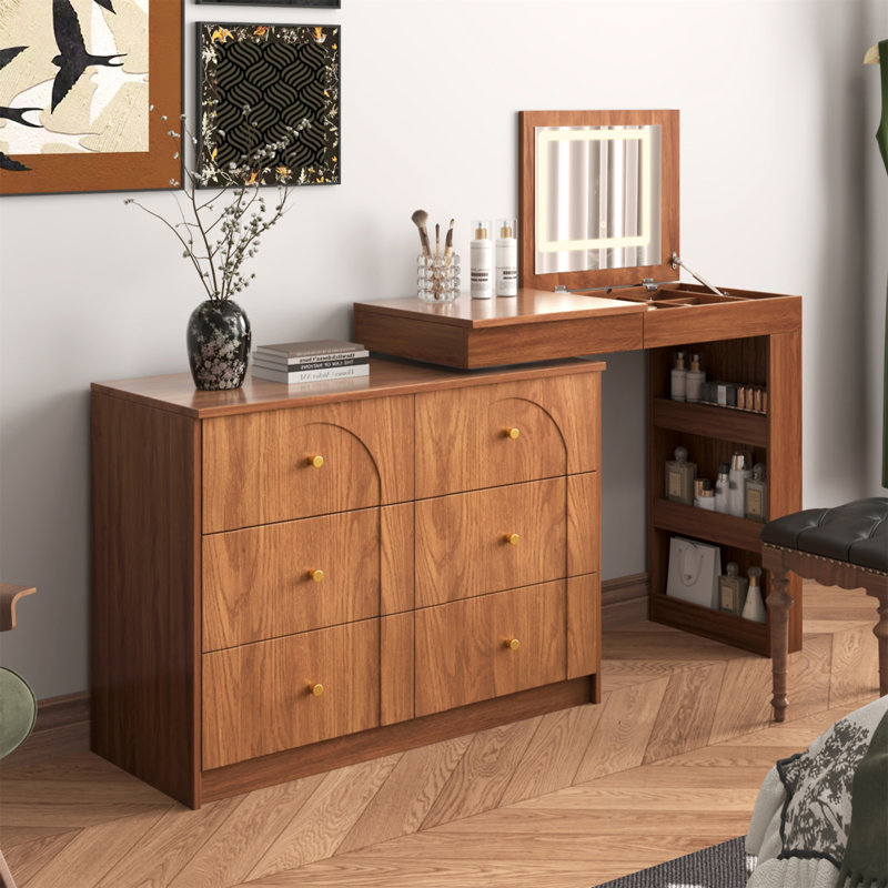 Bureau de coiffeuse avec miroir et lumières, Noyer