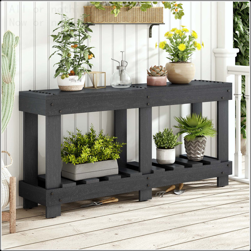 Vintage Entryway Table with Solid Cedar Wood and Metal Rivets, Black