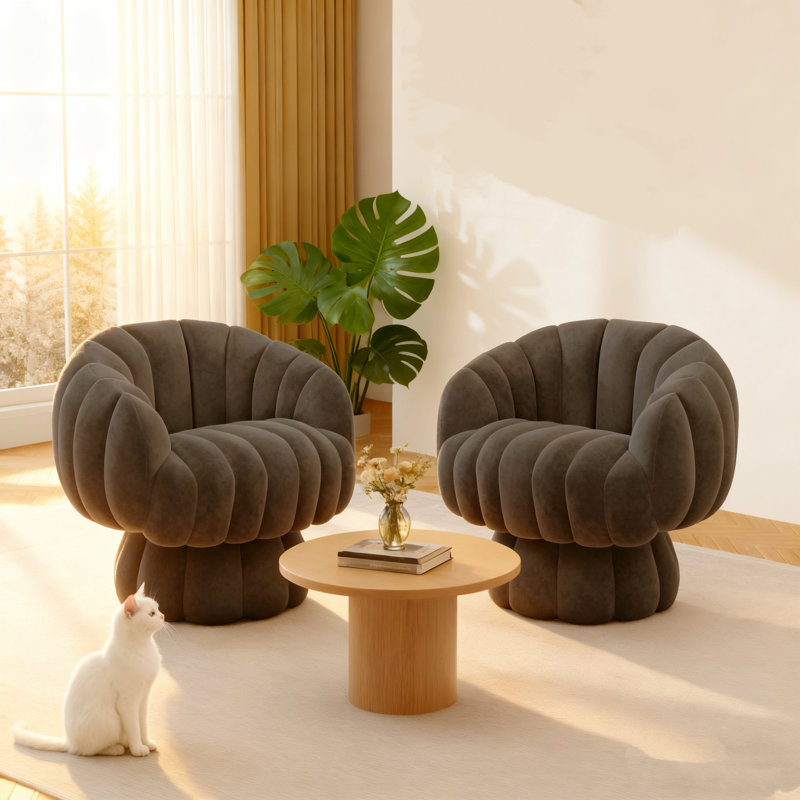 Upholstered Swivel Accent Chair Barrel Chair With Pillow(Set of 3), Gray