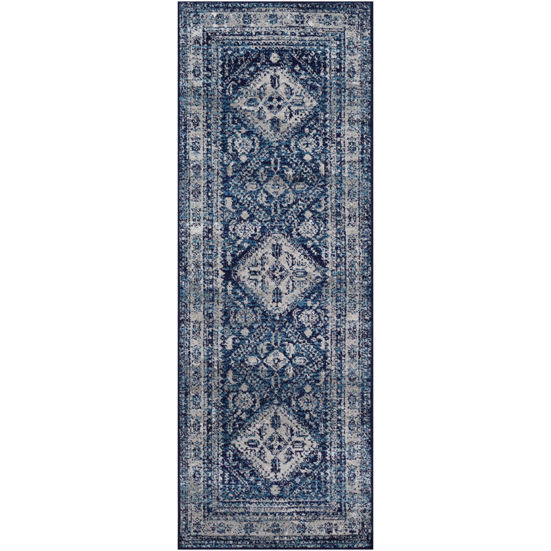 Tapis oriental Fitz, Tapis de couloir 2 pi 7 po x 12 pi, Navy