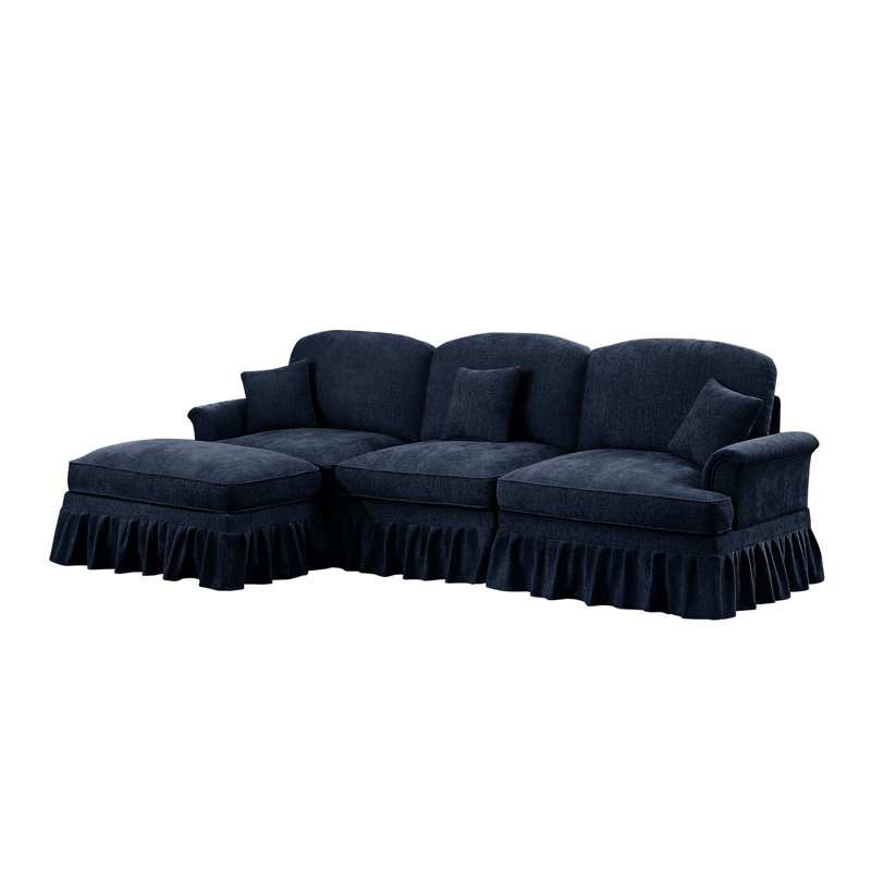 Canapé modulaire en chenille de style Mid-Century avec jupe à volants détachable et repose-pieds - canapé modulaire en L, bleu