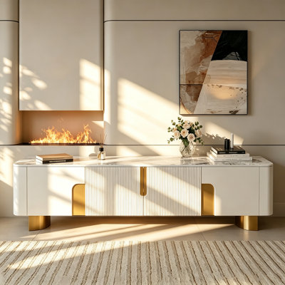 78.74'' Modern Faux Marble TV Stand with Gold Stainless Steel Base and 4 Storage Cabinets