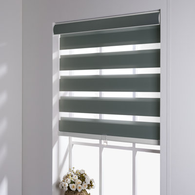  cordless zebra blinds for window，Blackout （70%）roller Blinds & Shades,day and night Dual layer sheer or privacy,Light control,Easy to install for home,Gray,34"W x 48"H