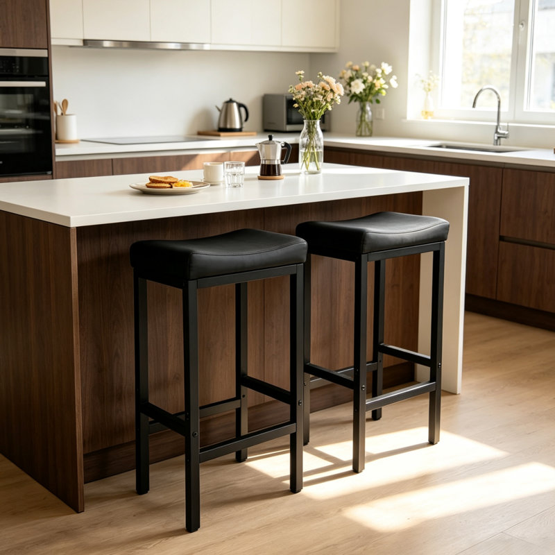 Ensemble de 2 tabourets de bar de 30 po avec siège en cuir synthétique pour îlot de cuisine, structure en métal moderne pour bars résidentiels (noir)