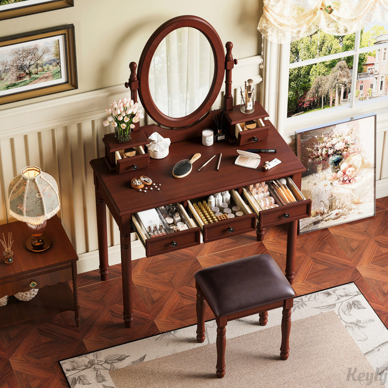 Vanity Desk with Adjustable Angle Mirror and Cushioned Stool Set, Velvet Fabric Lining 5 Drawers, Walnut