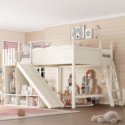 Queen Loft Bed with Storage Shelves and Wardrobe, Solid Wood Frame, Detachable Slide, and Ladders, No Box Spring Needed(Mattress Not Included)