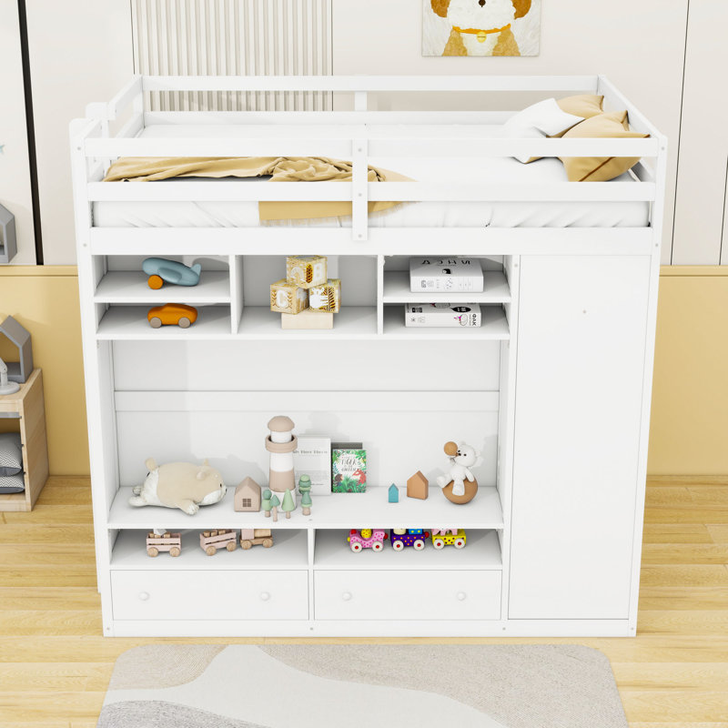 Lit mezzanine double en bois avec tiroirs de rangement, tablettes, garde-robe et lumière DEL, Blanc