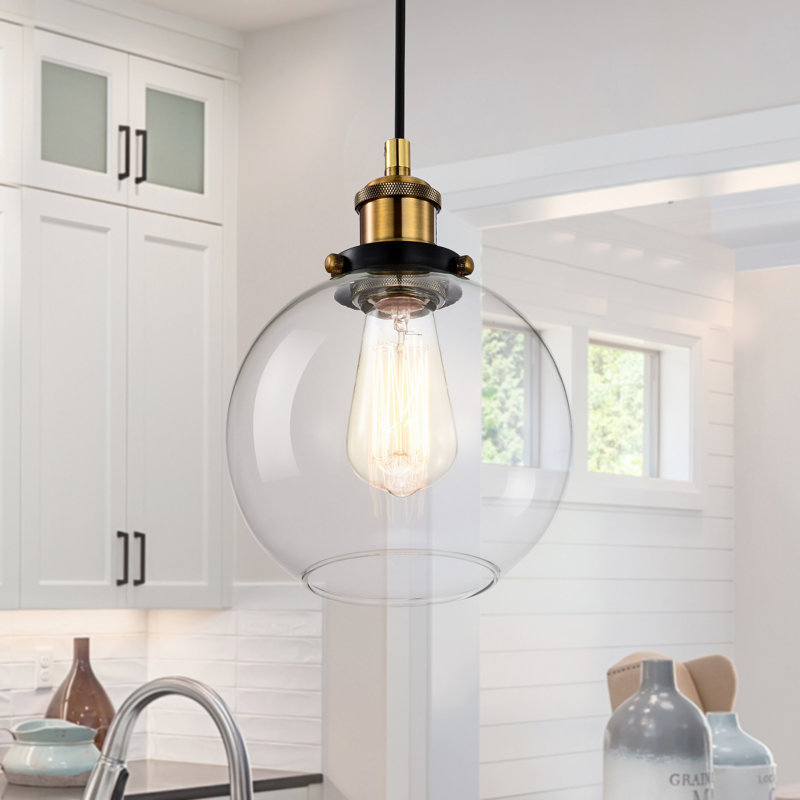 Mini-luminaire suspendu 1 lumière noir et laiton antique avec globe en verre transparent Mateo