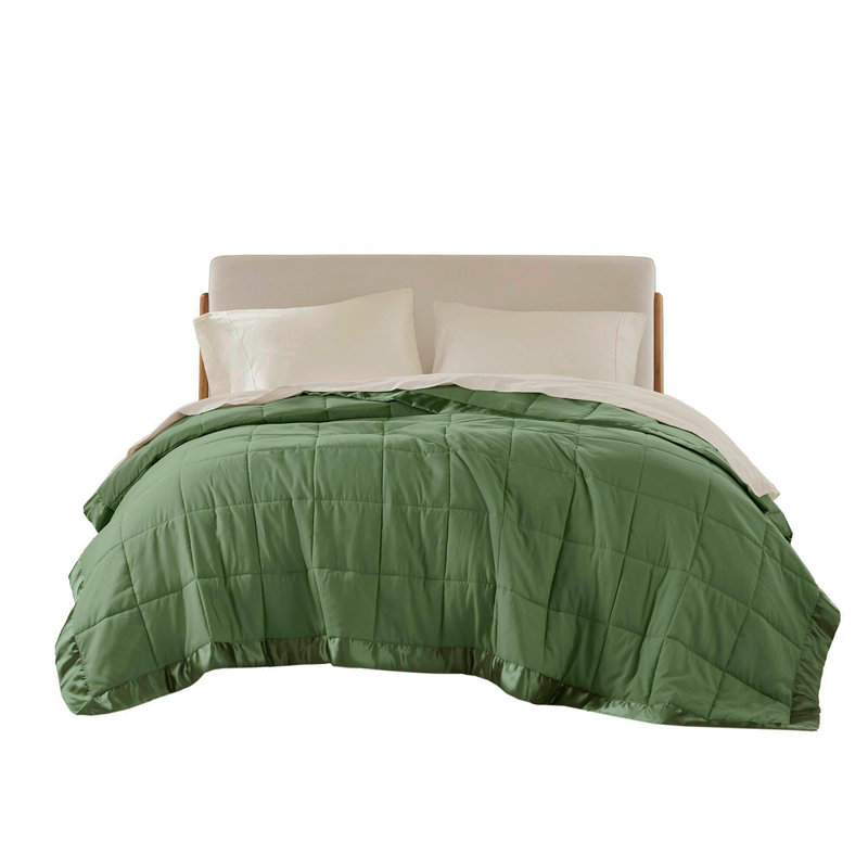 1 couverture simple en duvet synthétique avec garniture de satin vert, Lit simple, Vert