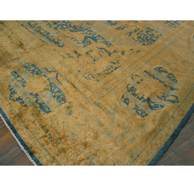 1920s Blue Medallion Antique Indian Lahore Carpet 14'x23' Handknotted Wool Rug