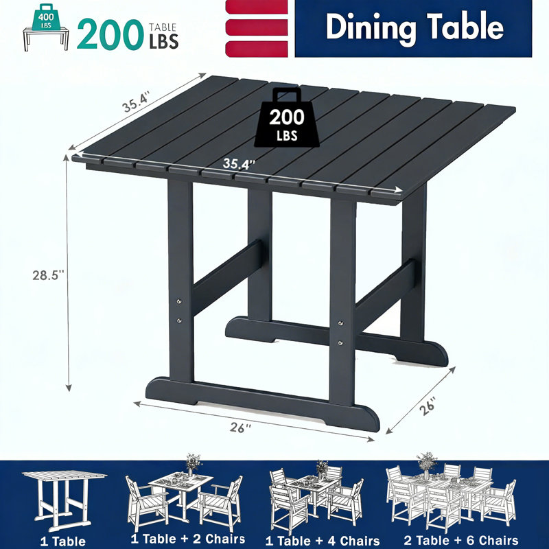HDPE Outdoor Square Patio Dining Table All Weather, Gray