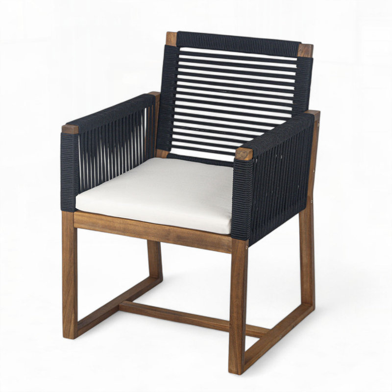 Fauteuil d'extérieur en bois d'acacia avec dossier et accoudoirs en corde et coussin lavable, Noir, noir, noir, noir