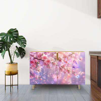Sideboard Buffet Cabinet with Storage Pink Cherry Blossom Branches Sparkling Crystals Pastel Butterflies with 2 Doors for Living Room and Kitchen
