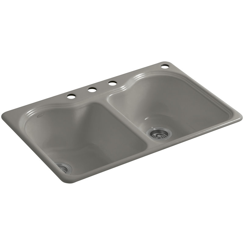 Hartland 33" L x 22" W x 9-5/8" Double Basin Drop-In Kitchen Sink, Cashmere, 4 Hole