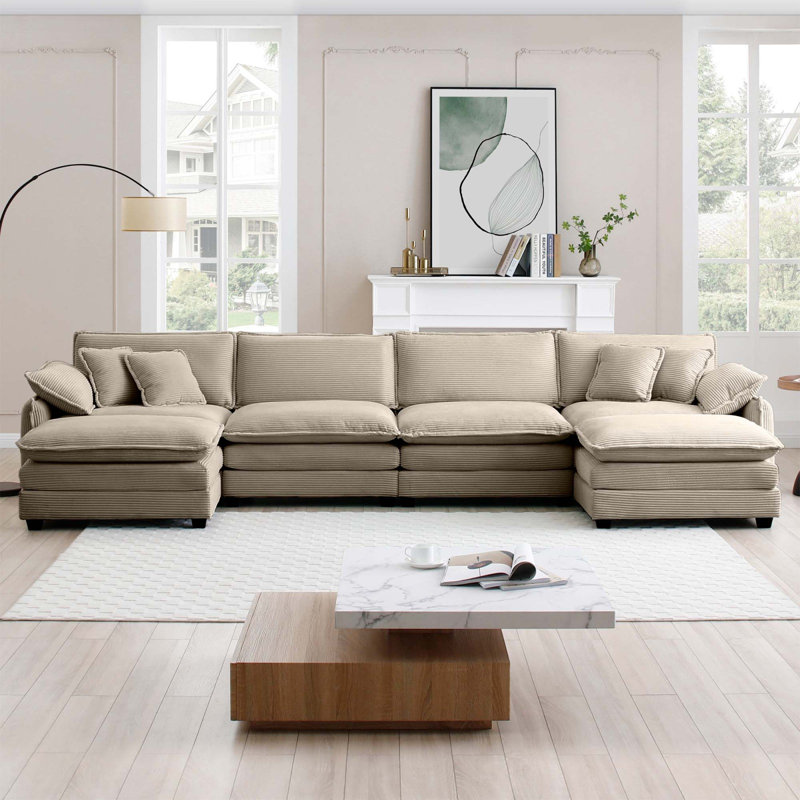 Oversized Modular Cushioned Sofa With Conversible Ottoman, Camel, 33.85" H x 150.38" W x 34.25" D