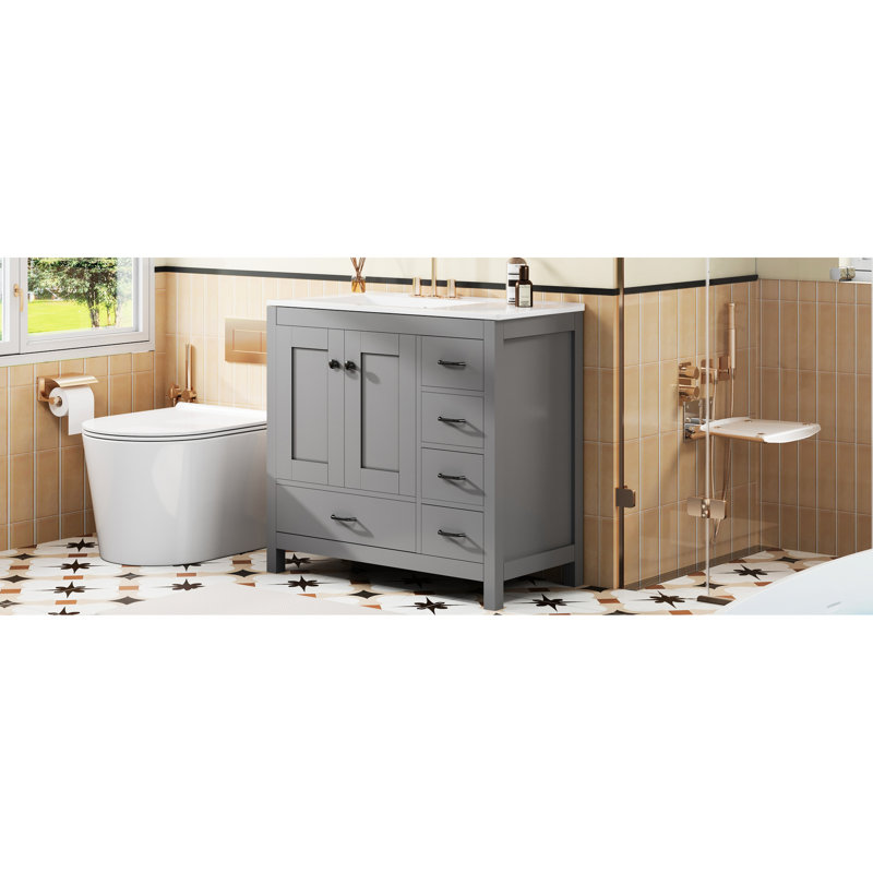 Meuble-lavabo gris 36 po avec lavabo en céramique, 2 portes d'armoire à fermeture en douceur, 5 tiroirs spacieux, salle de bain et lavabo 36 po Silent Operation Design