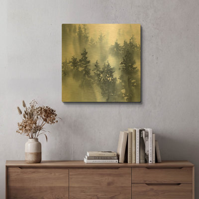 «Misty Forest I» par Katrina Pete, art mural en métal doré, 24 po x 24 po