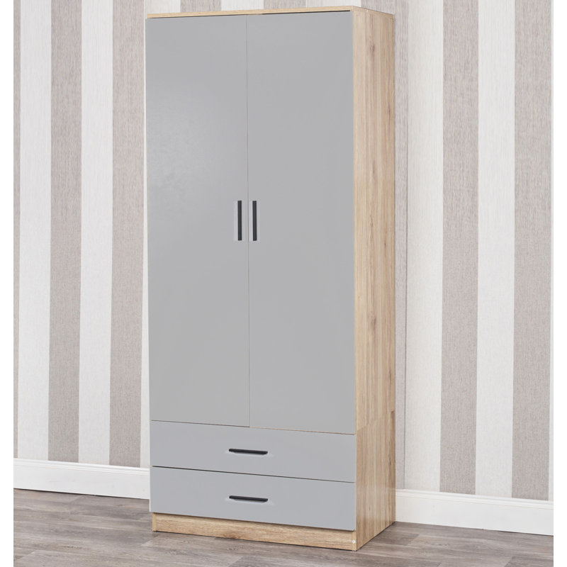 Gianpietro 2 Door Manufactured Wood Wardrobe, Oak Carcass/Grey Drawer