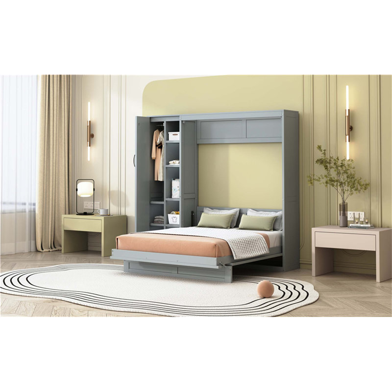 Lit escamotable mural Murphy avec tablettes, garde-robe et lumières DEL pour une utilisation compacte et multifonctionnelle dans les petits appartements