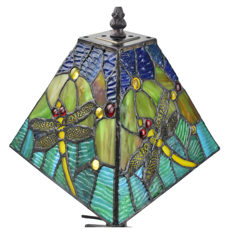Lampe de table 14,5 style tiffany, Doré / bleu / jaune, Bronze foncé