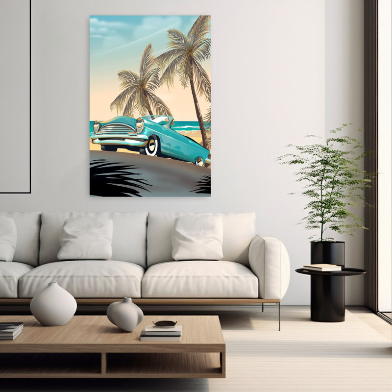 «Retro Beach Car Ride Classic Retro Vintage Palm Tree Coastal», art mural, H 60 po x l 40 po