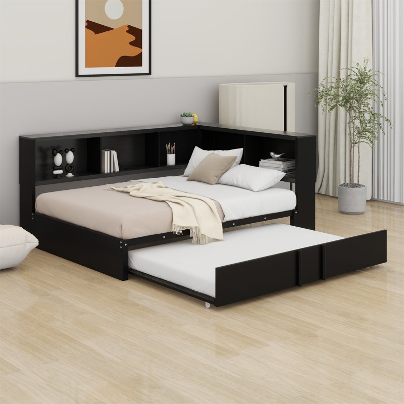A Full-Sized Metal Daybed That Includes An Integrated Pull-Out Trundle And Built-In Storage Compartments, Black