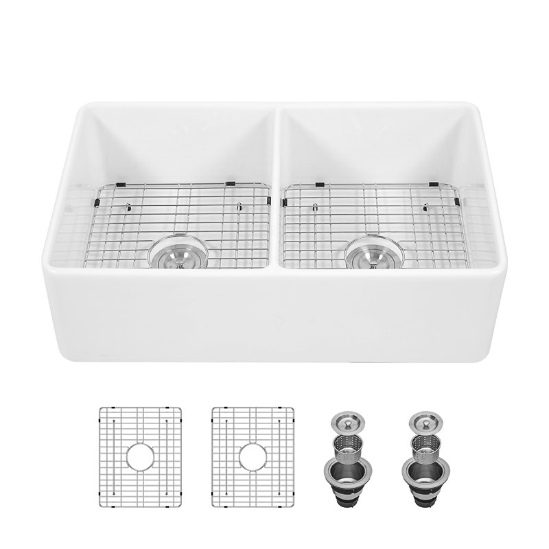 33'' L Farmhouse / Apron Double Bowl Ceramic Kitchen Sink
