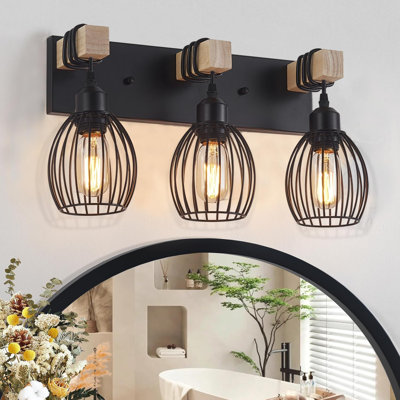 Éclairage pour meuble-lavabo à 3 lumières de style campagnard pour la salle de bain, applique murale en bois avec cage élégante en forme de larme, luminaire de meuble-lavabo industriel noir sur miroir pour le couloir de la chambre à coucher du salon