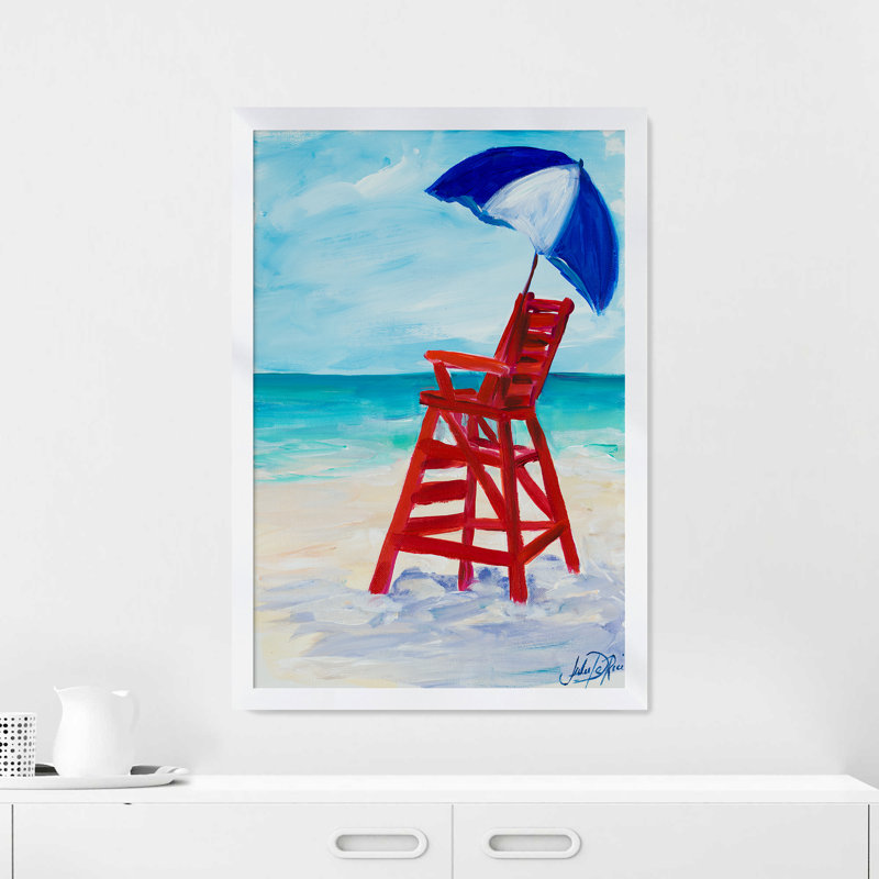 Lifeguard Post I - reproduction de peinture acrylique, H 49,5 po x l 33,5 po x P 1 po, Cadre blanc